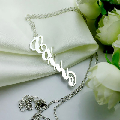 18ct Solid White Gold Personalised Vertical Carrie Style Name Necklace