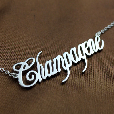 Custom White Gold Champagne Script Name Necklace