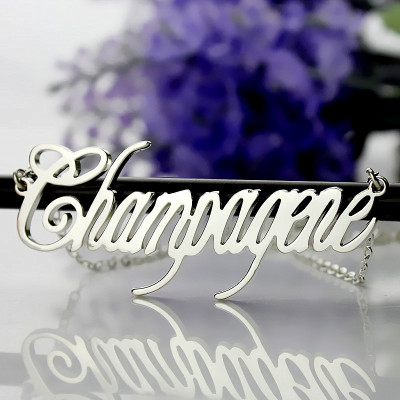 Custom White Gold Champagne Script Name Necklace