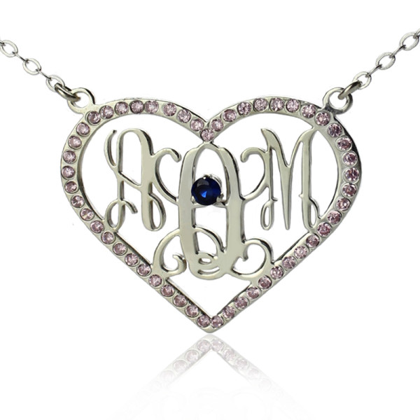 Personalised Sterling Silver Heart Birthstone Monogram Necklace