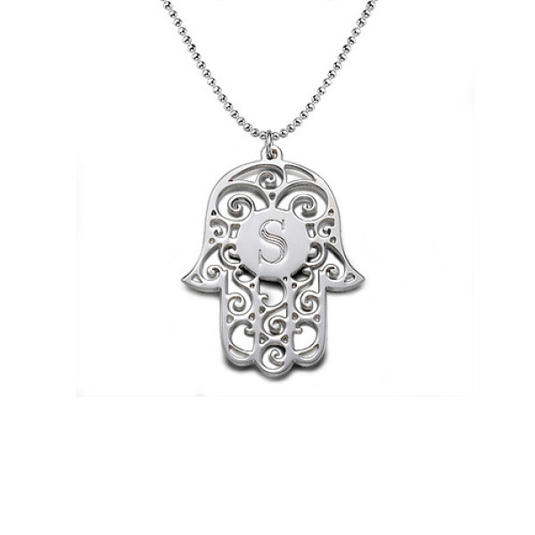 Personalised Silver Initial Necklace with Hamsa Design