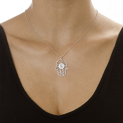Personalised Silver Initial Necklace with Hamsa Design