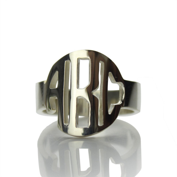 Circle Block Monogram 3 Initials Ring Solid White Gold Ring - By The Name Necklace;