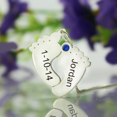 Custom Engraved Name Date Sterling Silver Memory Feet Necklace