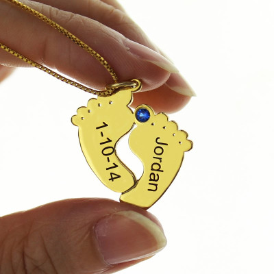 18ct Gold Plated Custom Baby Feet Birthstone Charm with Personalised Date and Name
