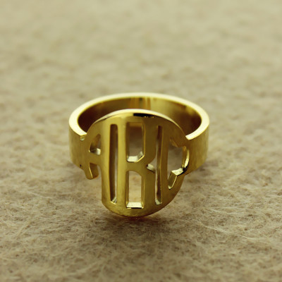 Personalised Solid Gold Circle Block Monogram Ring with Three Initials