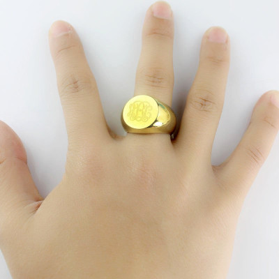 Personalised Circle Monogram Signet Ring 18k Gold Plated with Custom Engraving