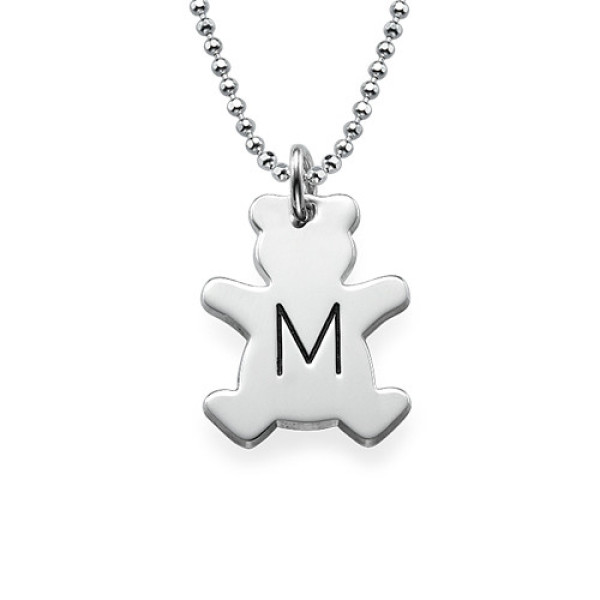 Silver Initial Necklace with Teddy Bear Design