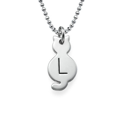 Sterling Silver Personalised Cat Necklace with Initial