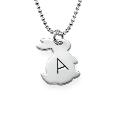Silver Initial Necklace with Tiny Rabbit Pendant