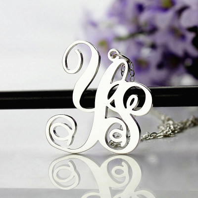 Custom Solid White Gold Vine Letter 2 Initial Monogram Necklace