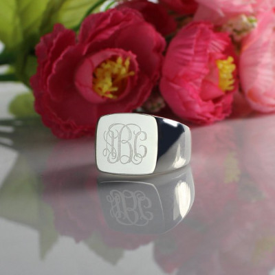 Personalised Square Monogram Sterling Silver Ring with Engraved Design
