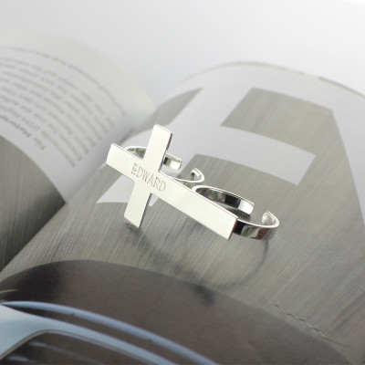 Personalised Two-Finger Cross Name Ring in Sterling Silver with Custom Engraving