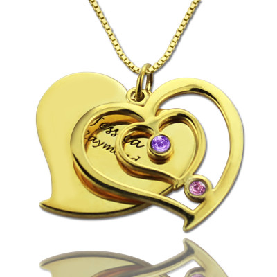 His  Her Birthstone Heart Name Necklace 18ct Gold Plated  - By The Name Necklace;