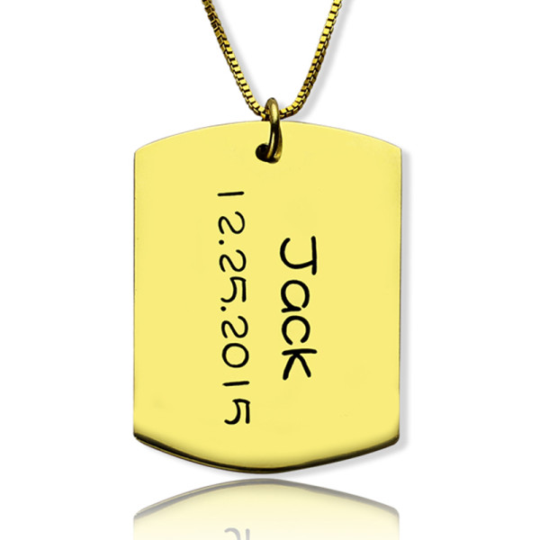 Personalised Gold Plated Silver ID Dog Tag Necklace with Name and Birth Date