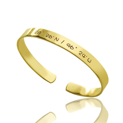 Engravable Latitude Longitude Coordinate Cuff Bangle 18ct Gold Plated With My Engraved