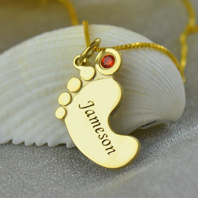 Personalised Gold Baby Feet Necklace with Birthstone Name