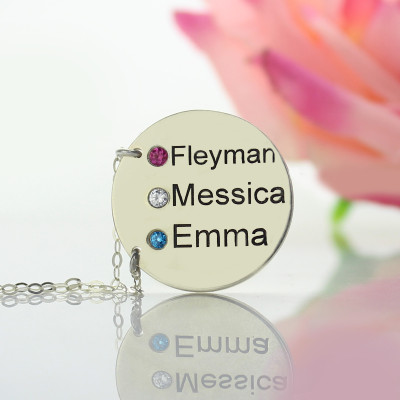 Personalised Silver Disc Necklace with Engraved Names and Birthstones