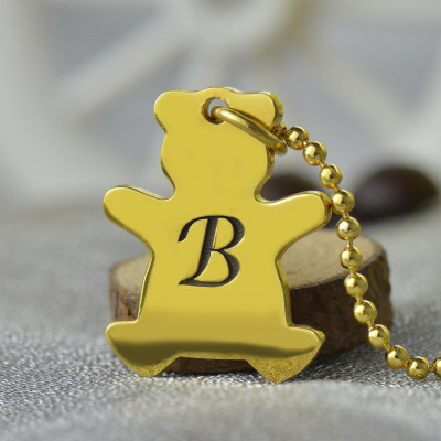 Gold Plated Initial Charm Teddy Bear Necklace - Cute Gift