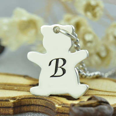 Custom Initial Necklace Silver Teddy Bear Pendant