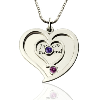 Customised Two-Person Birthstone Heart Pendant with Name Engraving