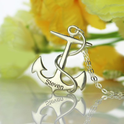 Personalised Silver Anchor Necklace with Engraved Name Charms