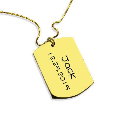 Personalised Gold Plated Silver ID Dog Tag Necklace with Name and Birth Date