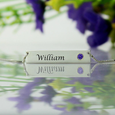 Personalised Silver Nameplate Bar Necklace with Birthstone