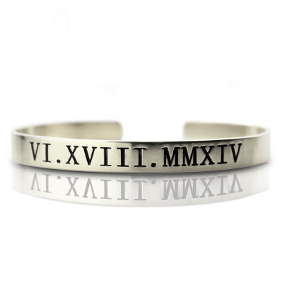 Custom Engraved Roman Numeral Date Sterling Silver Cuff Bracelet