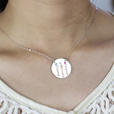 Personalised Silver Disc Necklace with Engraved Names and Birthstones