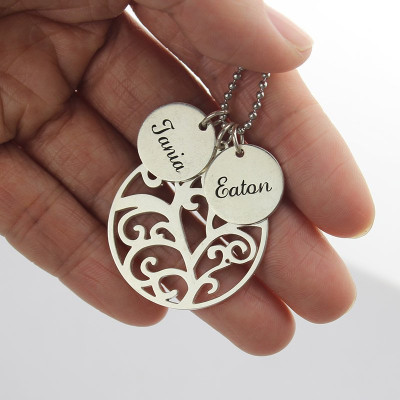 Personalised Silver Family Tree Necklace with Custom Name Engraved Charm