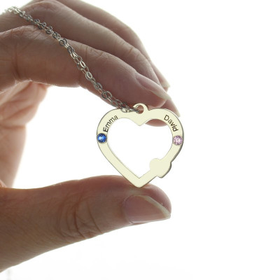 Sterling Silver Double Name Open Heart Necklace with Birthstone
