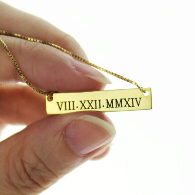 Custom Engraved Roman Numeral Bar Necklace 18K Gold Plating