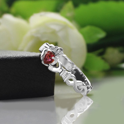 Women's Personalised Claddagh Rings with Birthstone in White Gold Plated Silver