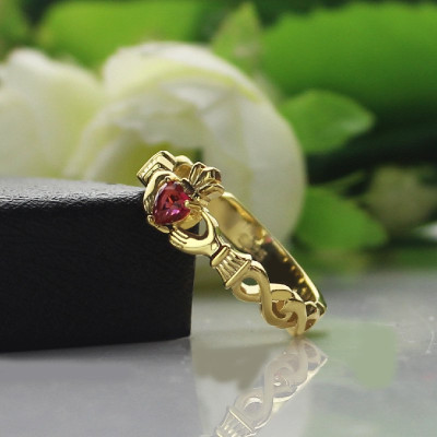 Women's Modern Personalised Birthstone Claddagh Ring, Gold Plated