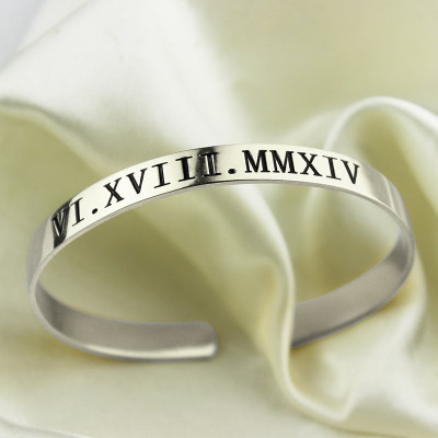 Custom Engraved Roman Numeral Date Sterling Silver Cuff Bracelet