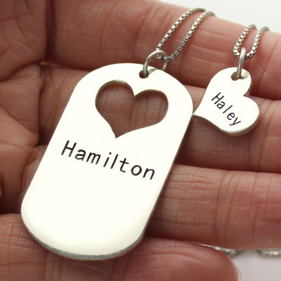 Couples Name Dog Tag Necklace Set with Cut Out Heart - By The Name Necklace;