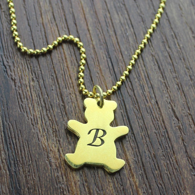 Gold Plated Initial Charm Teddy Bear Necklace - Cute Gift