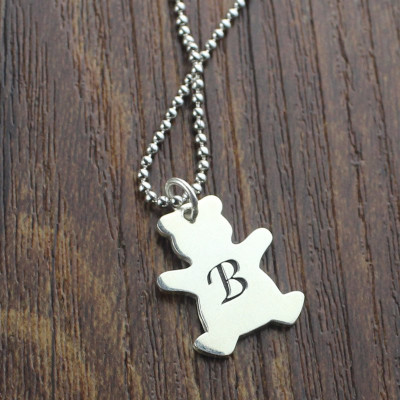 Custom Initial Necklace Silver Teddy Bear Pendant