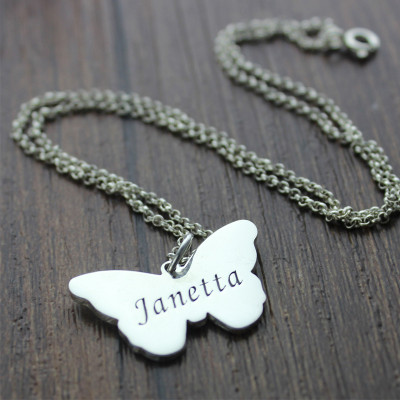 Custom Engraved Butterfly Name Necklace in Silver