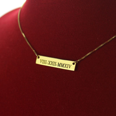 Custom Engraved Roman Numeral Bar Necklace 18K Gold Plating