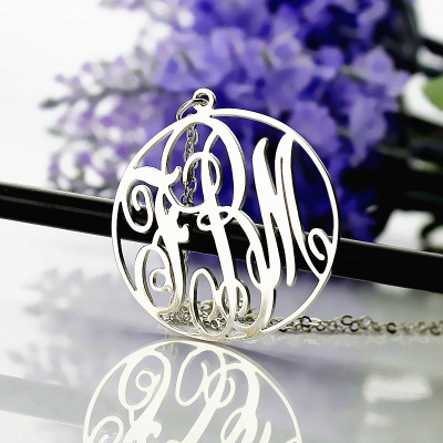 18ct White Gold Plated Personalised Monogram Necklace w/ Vine Font Circle Initial