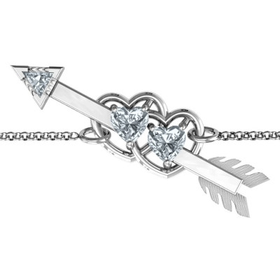 Stainless Steel Double Heart Charm Promise Bracelet with Arrow and Two Heart Stones