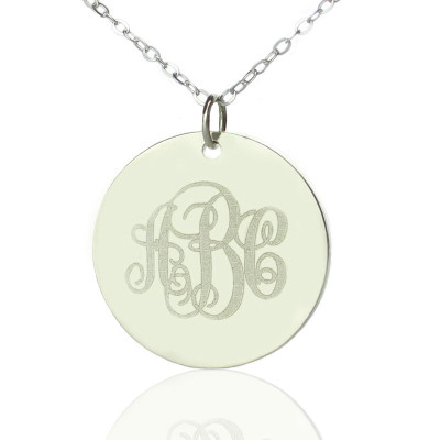 Solid White Gold Vine Font Disc Engraved Monogram Necklace With My Engraved