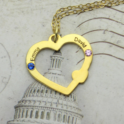 18K Gold Open Heart Necklace with Double Name Birthstone