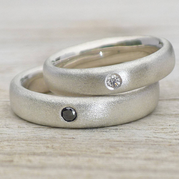 Handmade Silver Diamond Wedding Rings with Frosted Finish