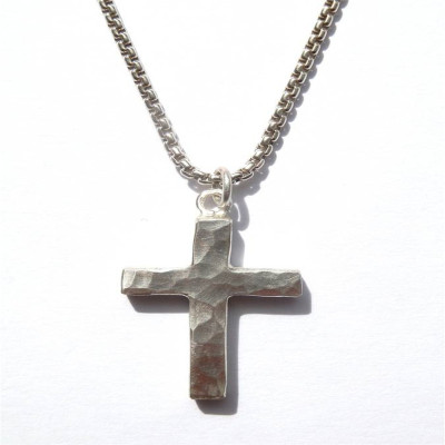 Silver Cross Necklace with Chunky Hammered Design