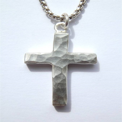 Silver Cross Necklace with Chunky Hammered Design