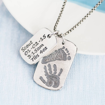 Engraved Dog Tag Baby Birth Info Necklace - 2 Pendants