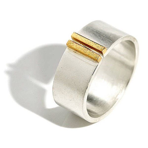 Silver and Gold Wide Double Bar Band Ring